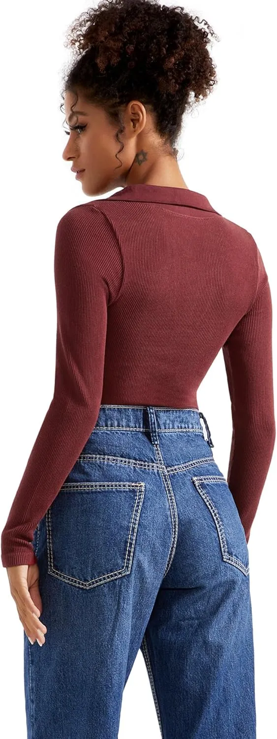 SUUKSESS Women Long Sleeve Ribbed V Neck Polo Shirts Collared Business Casual Slim Fitted Tops for Office Work