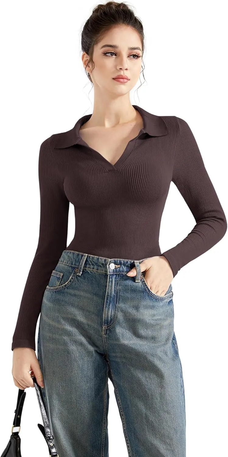 SUUKSESS Women Long Sleeve Ribbed V Neck Polo Shirts Collared Business Casual Slim Fitted Tops for Office Work