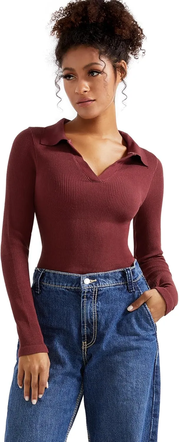 SUUKSESS Women Long Sleeve Ribbed V Neck Polo Shirts Collared Business Casual Slim Fitted Tops for Office Work