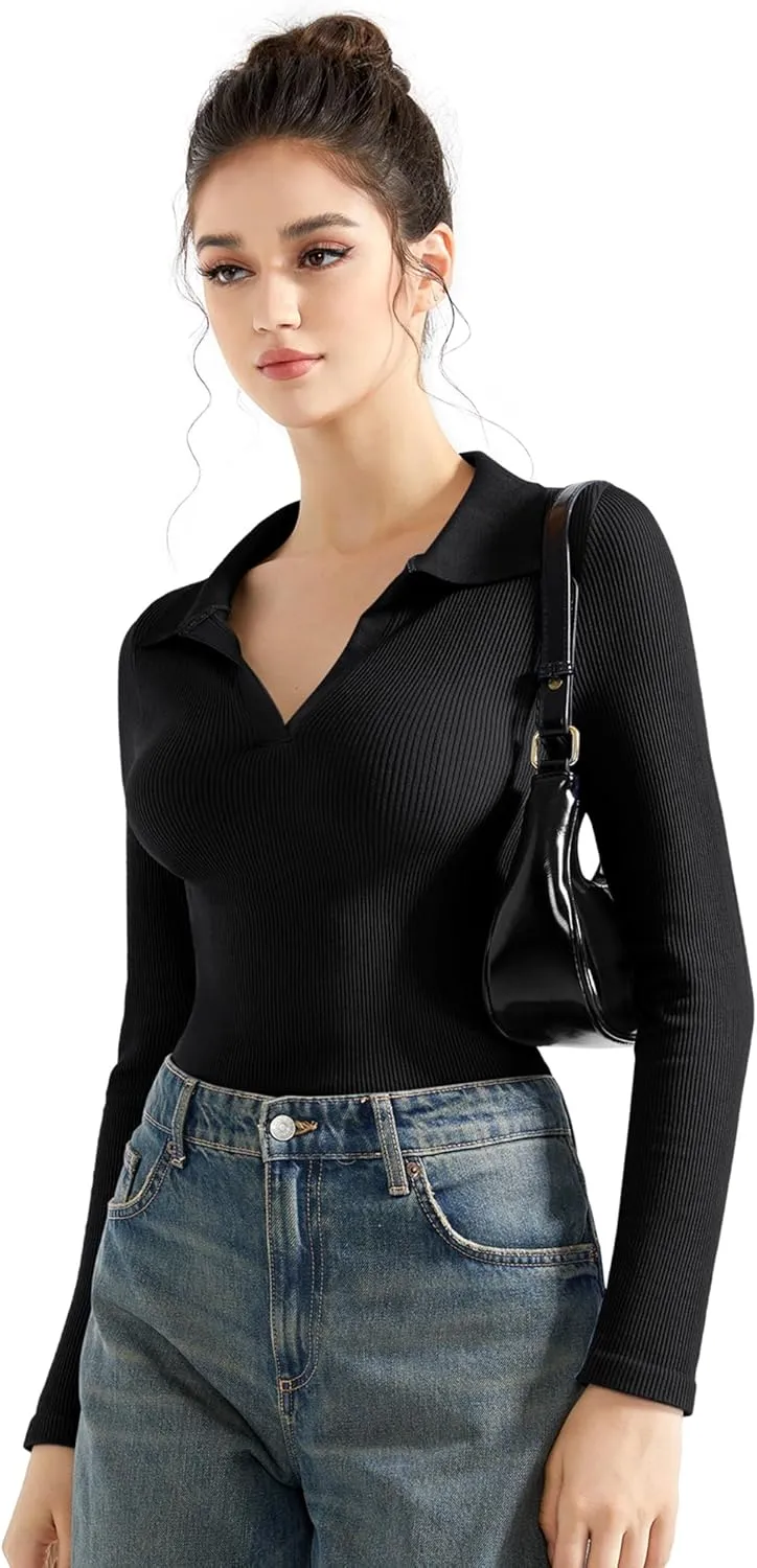 SUUKSESS Women Long Sleeve Ribbed V Neck Polo Shirts Collared Business Casual Slim Fitted Tops for Office Work