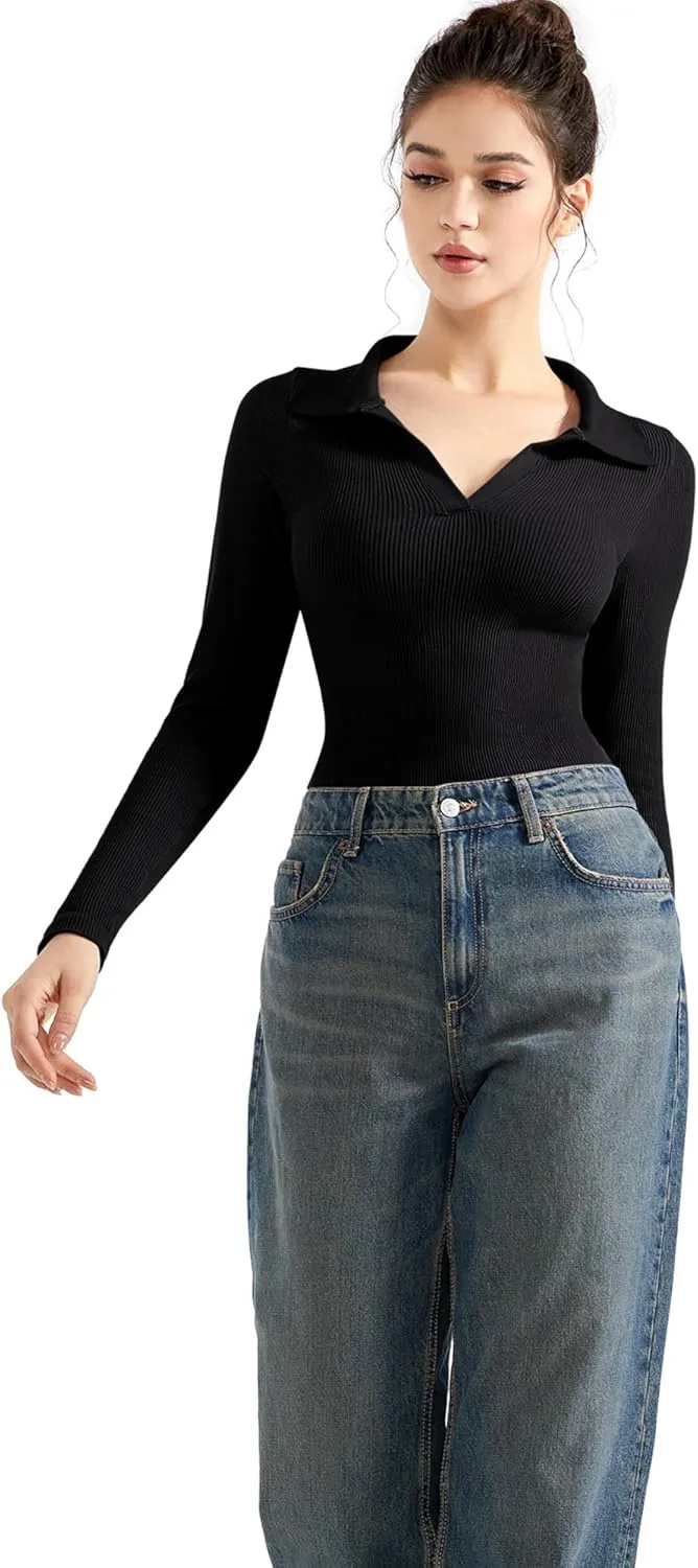SUUKSESS Women Long Sleeve Ribbed V Neck Polo Shirts Collared Business Casual Slim Fitted Tops for Office Work
