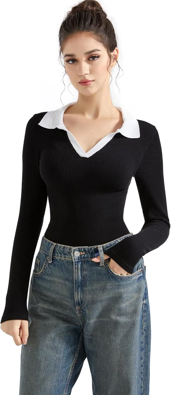 SUUKSESS Women Long Sleeve Ribbed V Neck Polo Shirts Collared Business Casual Slim Fitted Tops for Office Work