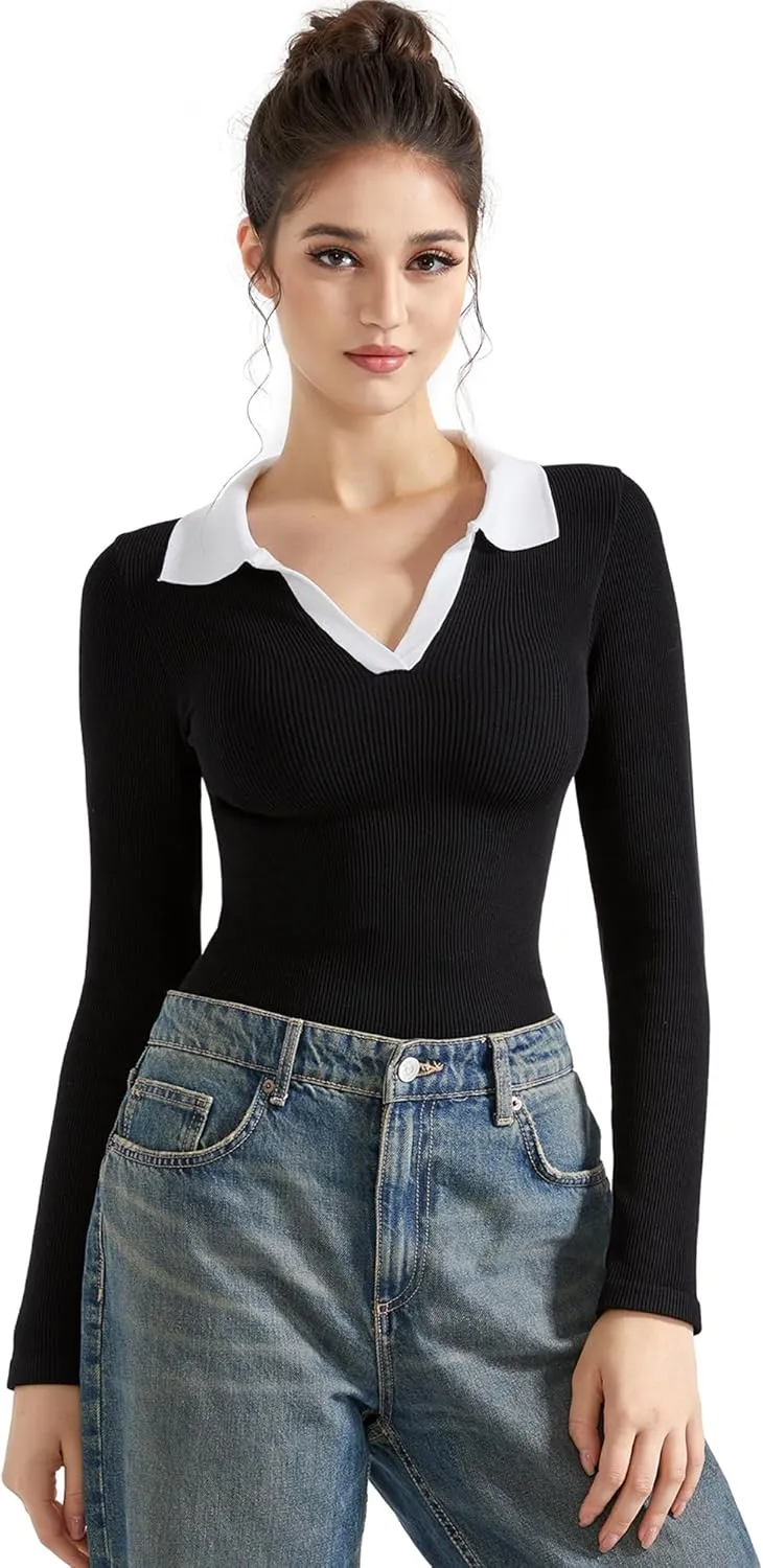 SUUKSESS Women Long Sleeve Ribbed V Neck Polo Shirts Collared Business Casual Slim Fitted Tops for Office Work