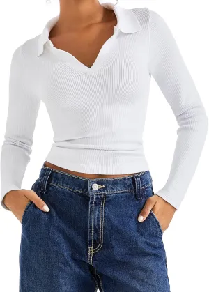 SUUKSESS Women Long Sleeve Ribbed V Neck Polo Shirts Collared Business Casual Slim Fitted Tops for Office Work
