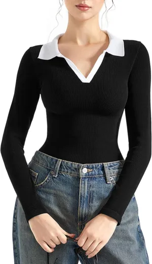 SUUKSESS Women Long Sleeve Ribbed V Neck Polo Shirts Collared Business Casual Slim Fitted Tops for Office Work