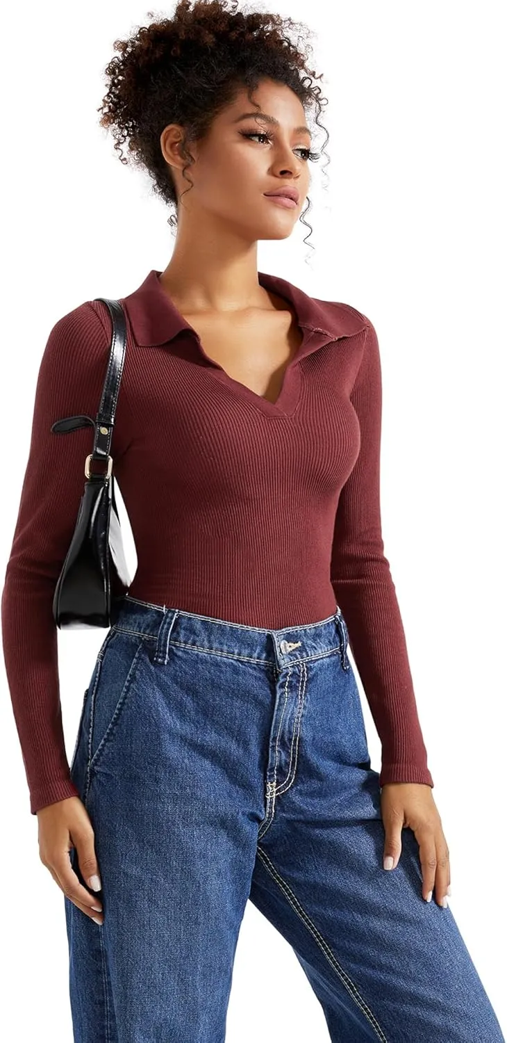 SUUKSESS Women Long Sleeve Ribbed V Neck Polo Shirts Collared Business Casual Slim Fitted Tops for Office Work