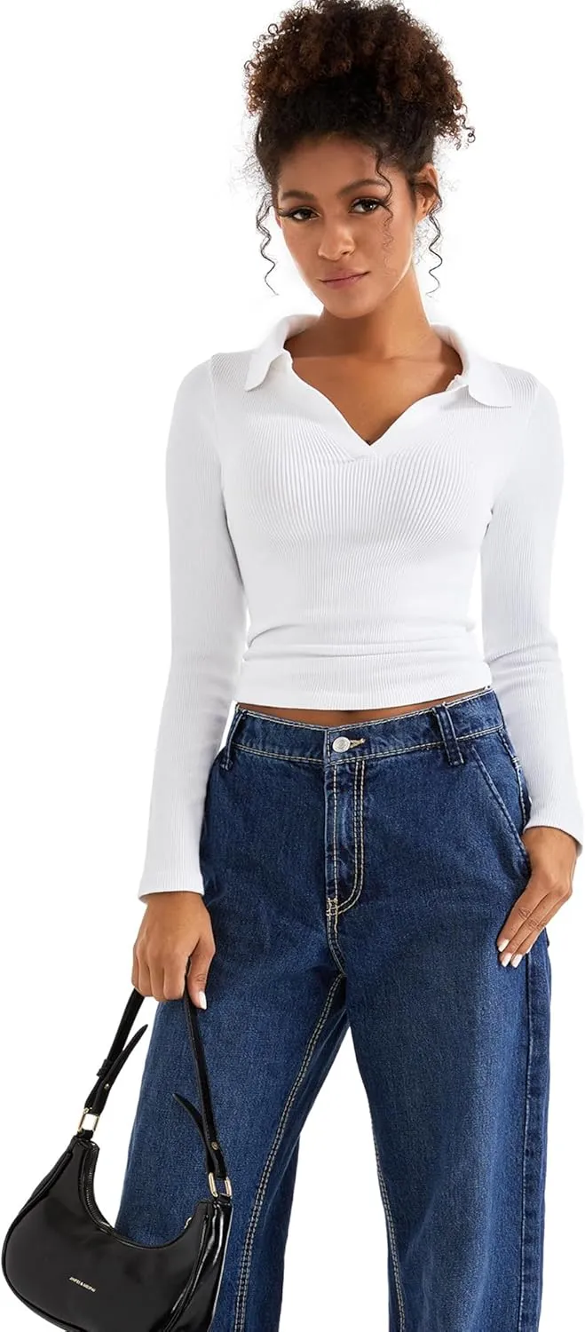 SUUKSESS Women Long Sleeve Ribbed V Neck Polo Shirts Collared Business Casual Slim Fitted Tops for Office Work