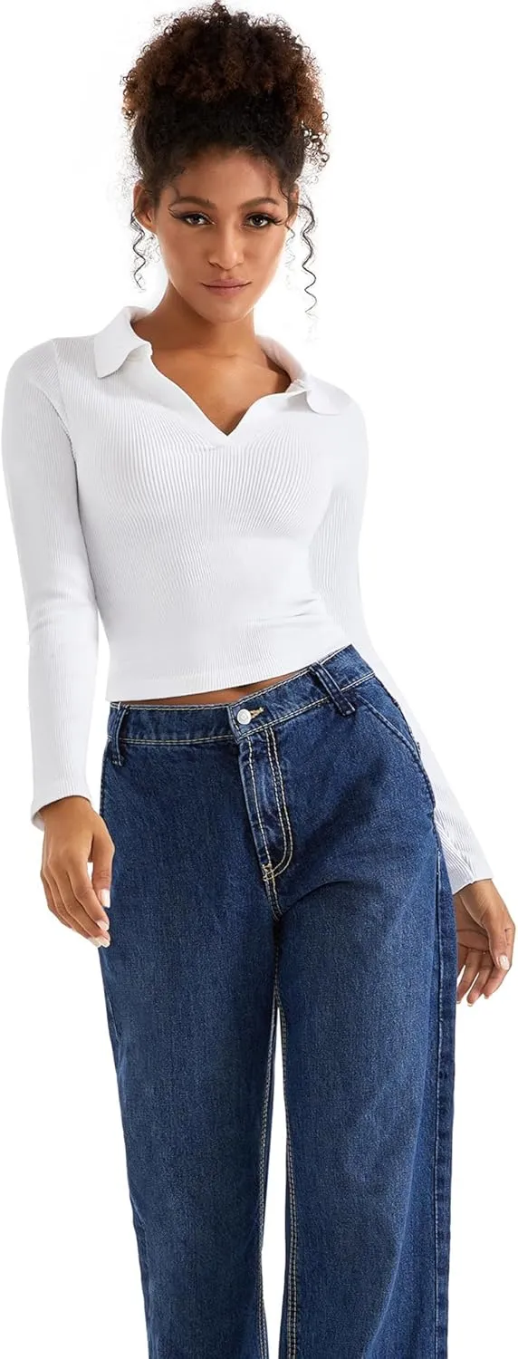 SUUKSESS Women Long Sleeve Ribbed V Neck Polo Shirts Collared Business Casual Slim Fitted Tops for Office Work