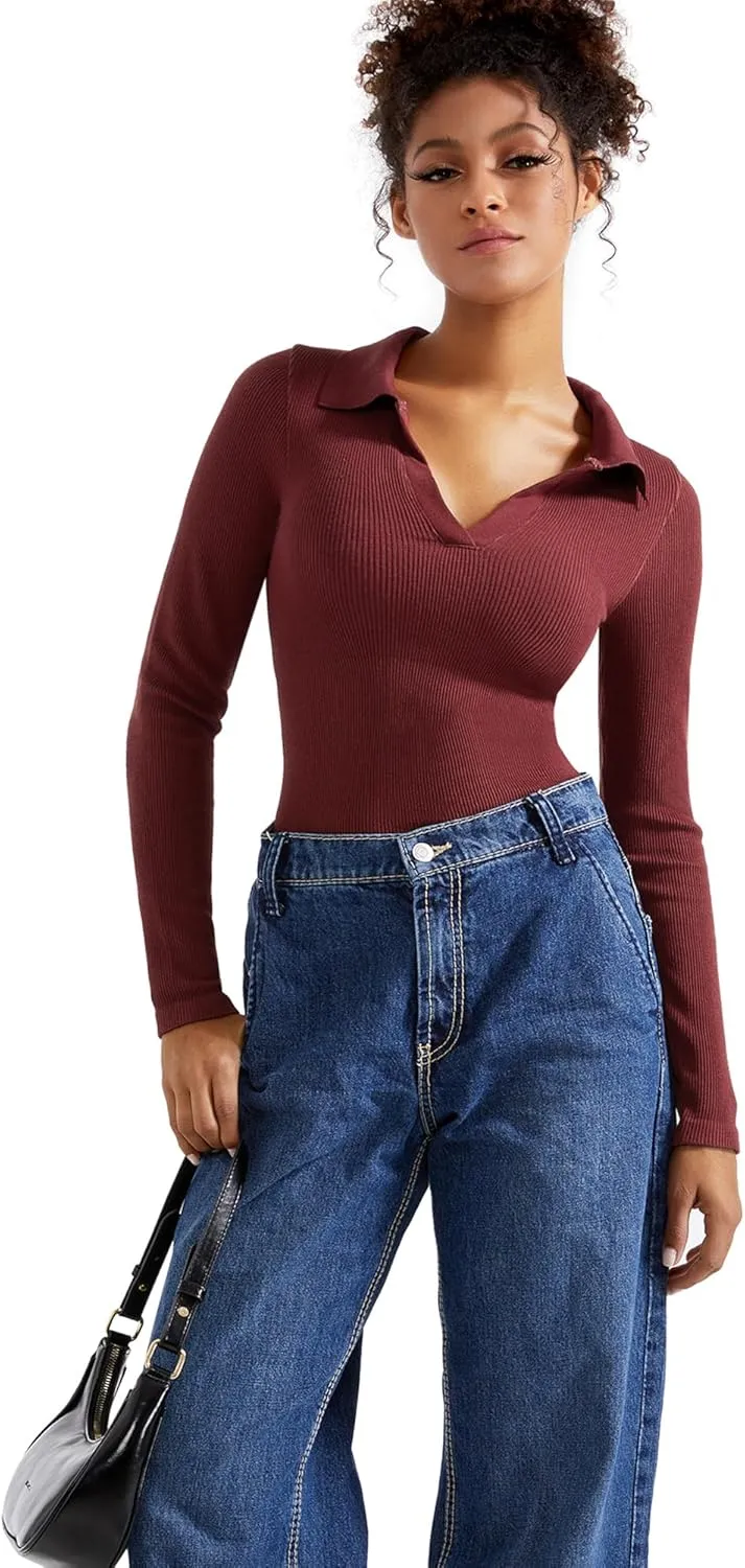 SUUKSESS Women Long Sleeve Ribbed V Neck Polo Shirts Collared Business Casual Slim Fitted Tops for Office Work