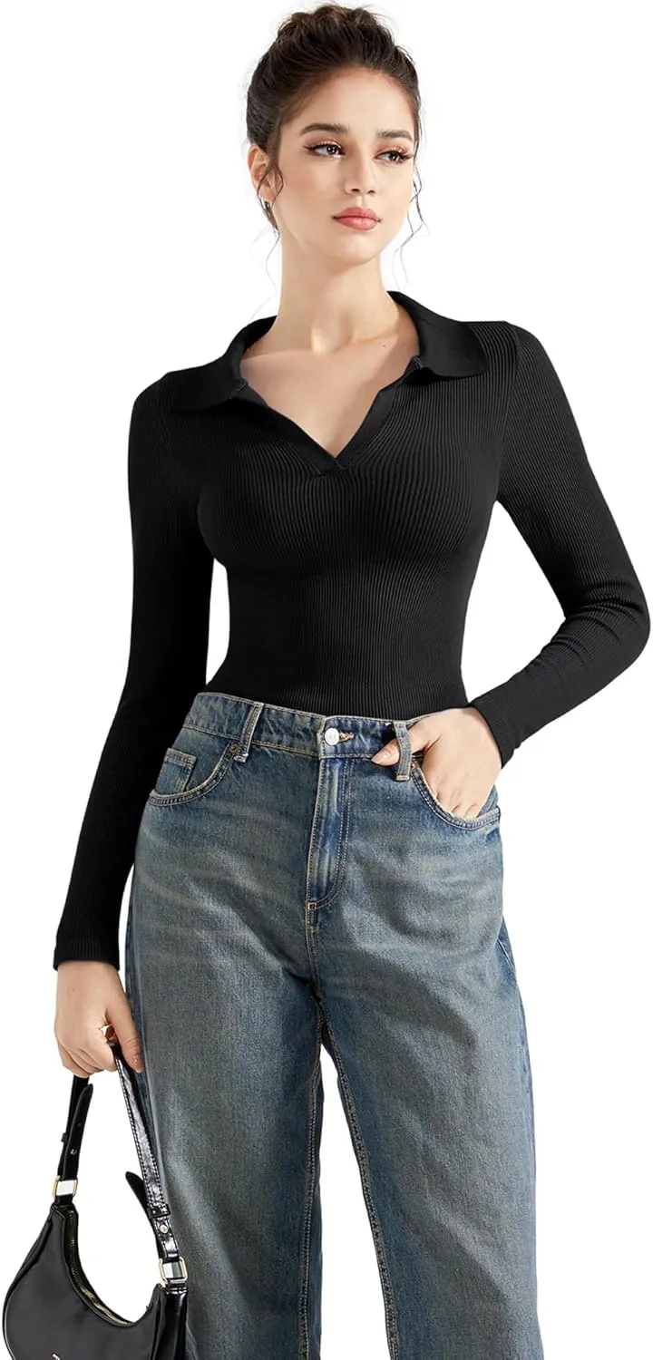 SUUKSESS Women Long Sleeve Ribbed V Neck Polo Shirts Collared Business Casual Slim Fitted Tops for Office Work