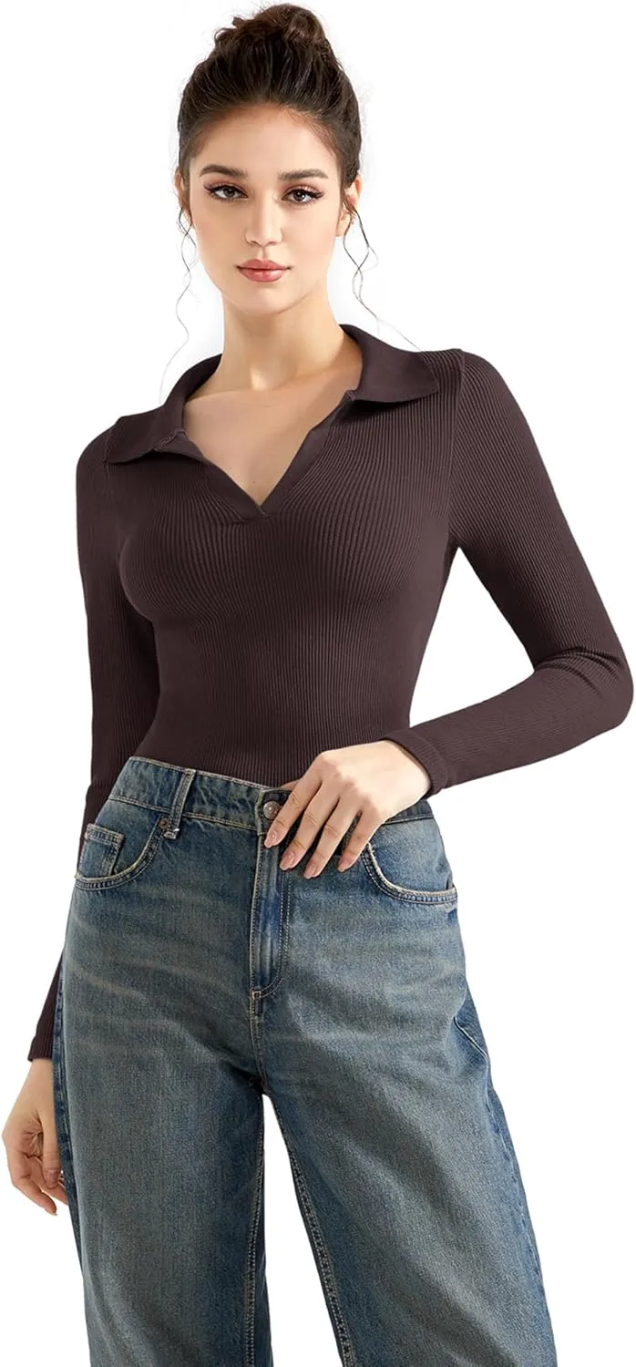 SUUKSESS Women Long Sleeve Ribbed V Neck Polo Shirts Collared Business Casual Slim Fitted Tops for Office Work