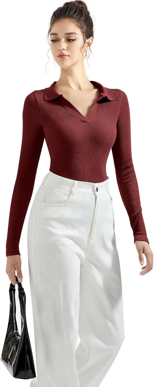 SUUKSESS Women Long Sleeve Ribbed V Neck Polo Shirts Collared Business Casual Slim Fitted Tops for Office Work