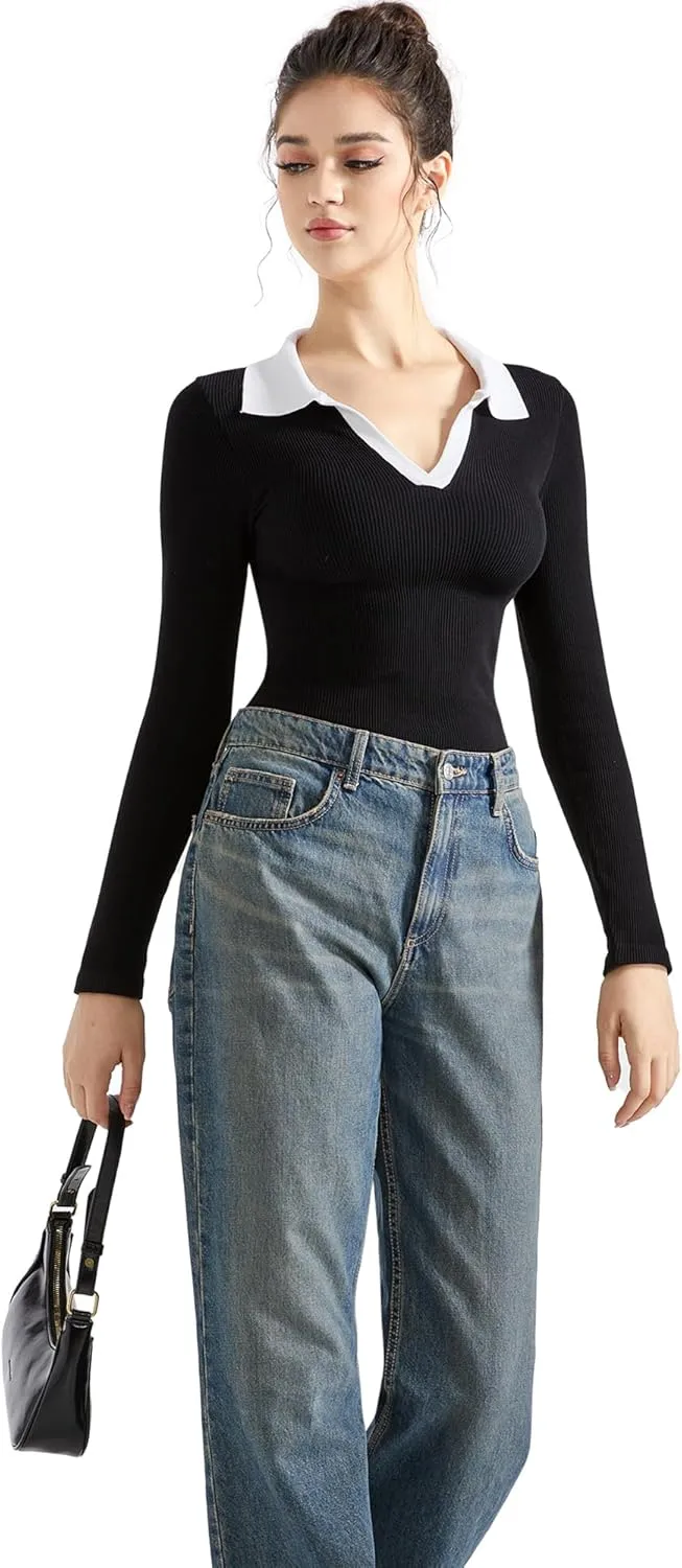SUUKSESS Women Long Sleeve Ribbed V Neck Polo Shirts Collared Business Casual Slim Fitted Tops for Office Work