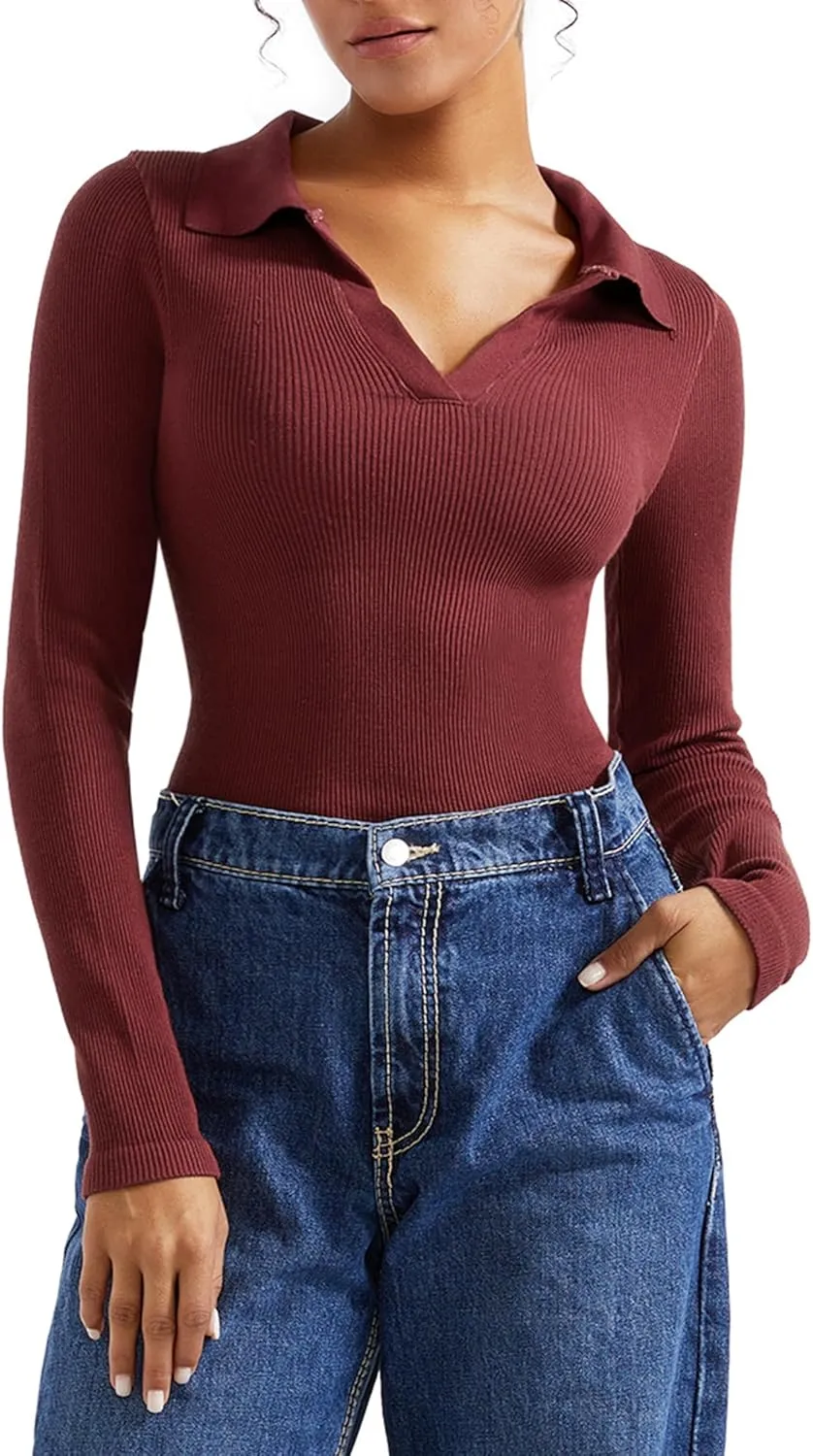 SUUKSESS Women Long Sleeve Ribbed V Neck Polo Shirts Collared Business Casual Slim Fitted Tops for Office Work