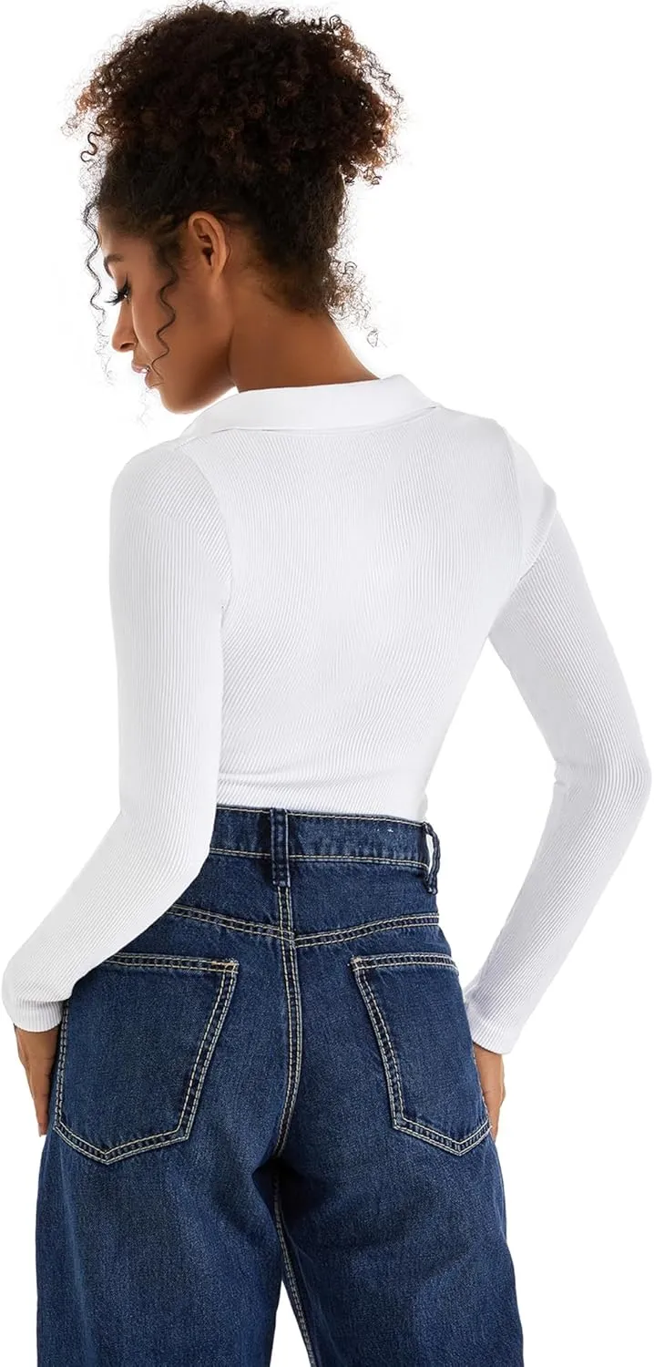 SUUKSESS Women Long Sleeve Ribbed V Neck Polo Shirts Collared Business Casual Slim Fitted Tops for Office Work