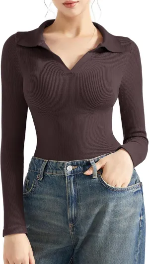 SUUKSESS Women Long Sleeve Ribbed V Neck Polo Shirts Collared Business Casual Slim Fitted Tops for Office Work