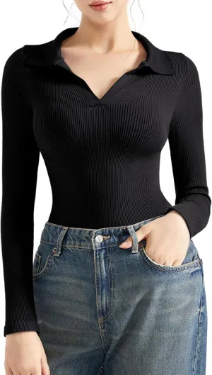 SUUKSESS Women Long Sleeve Ribbed V Neck Polo Shirts Collared Business Casual Slim Fitted Tops for Office Work