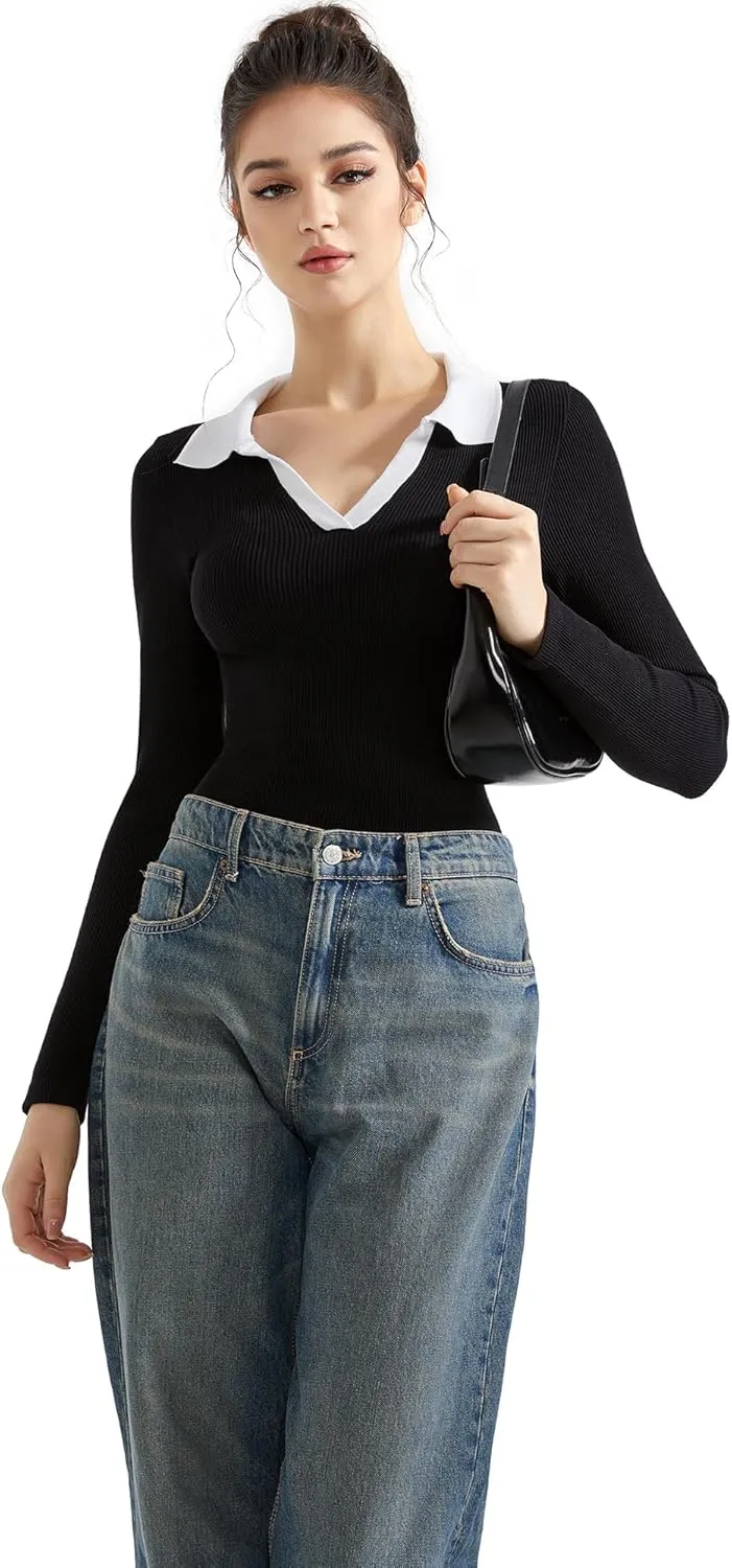 SUUKSESS Women Long Sleeve Ribbed V Neck Polo Shirts Collared Business Casual Slim Fitted Tops for Office Work