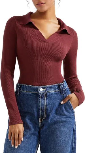 SUUKSESS Women Long Sleeve Ribbed V Neck Polo Shirts Collared Business Casual Slim Fitted Tops for Office Work
