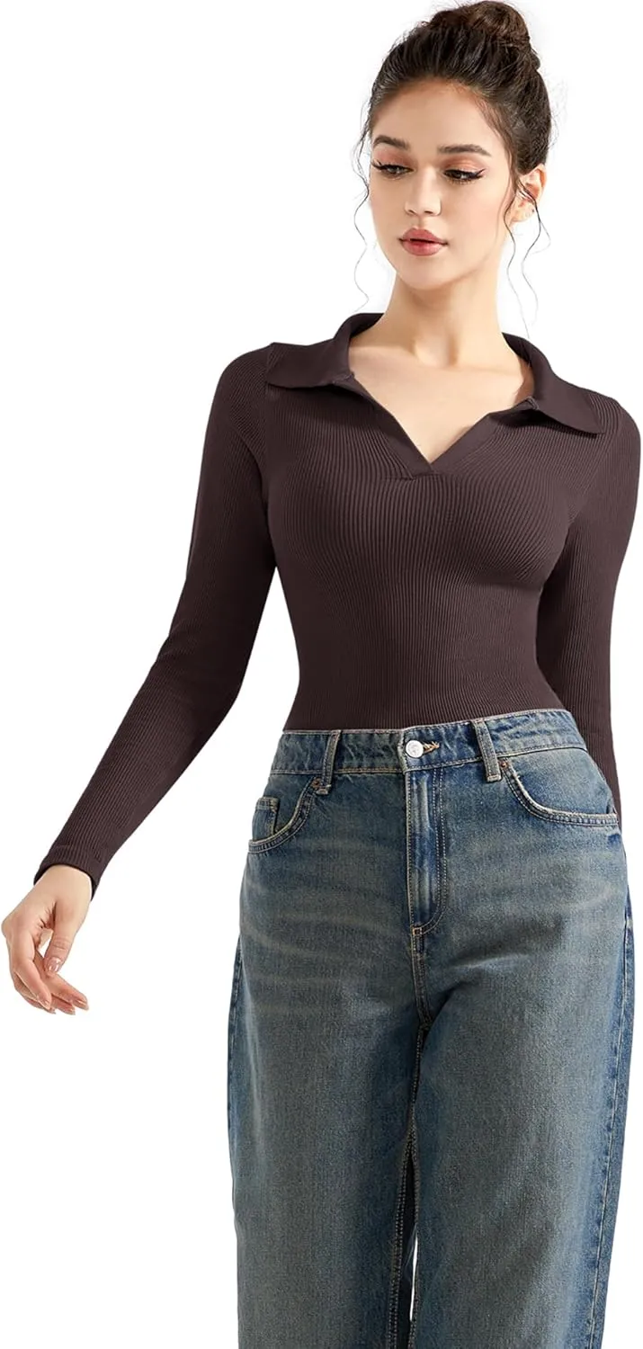 SUUKSESS Women Long Sleeve Ribbed V Neck Polo Shirts Collared Business Casual Slim Fitted Tops for Office Work