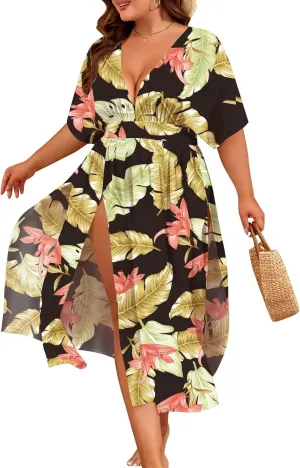 SWOMOG Women Plus Size Swimsuit Cover Up Bikini Bathing Suit Sexy Deep V Neck Swim Beach Dresses Summer Beachwear