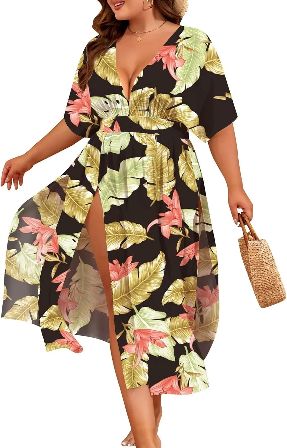 SWOMOG Women Plus Size Swimsuit Cover Up Bikini Bathing Suit Sexy Deep V Neck Swim Beach Dresses Summer Beachwear