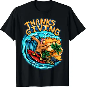 Thanksgiving Turkey Riding Surf Board Ocean Waves T-Shirt