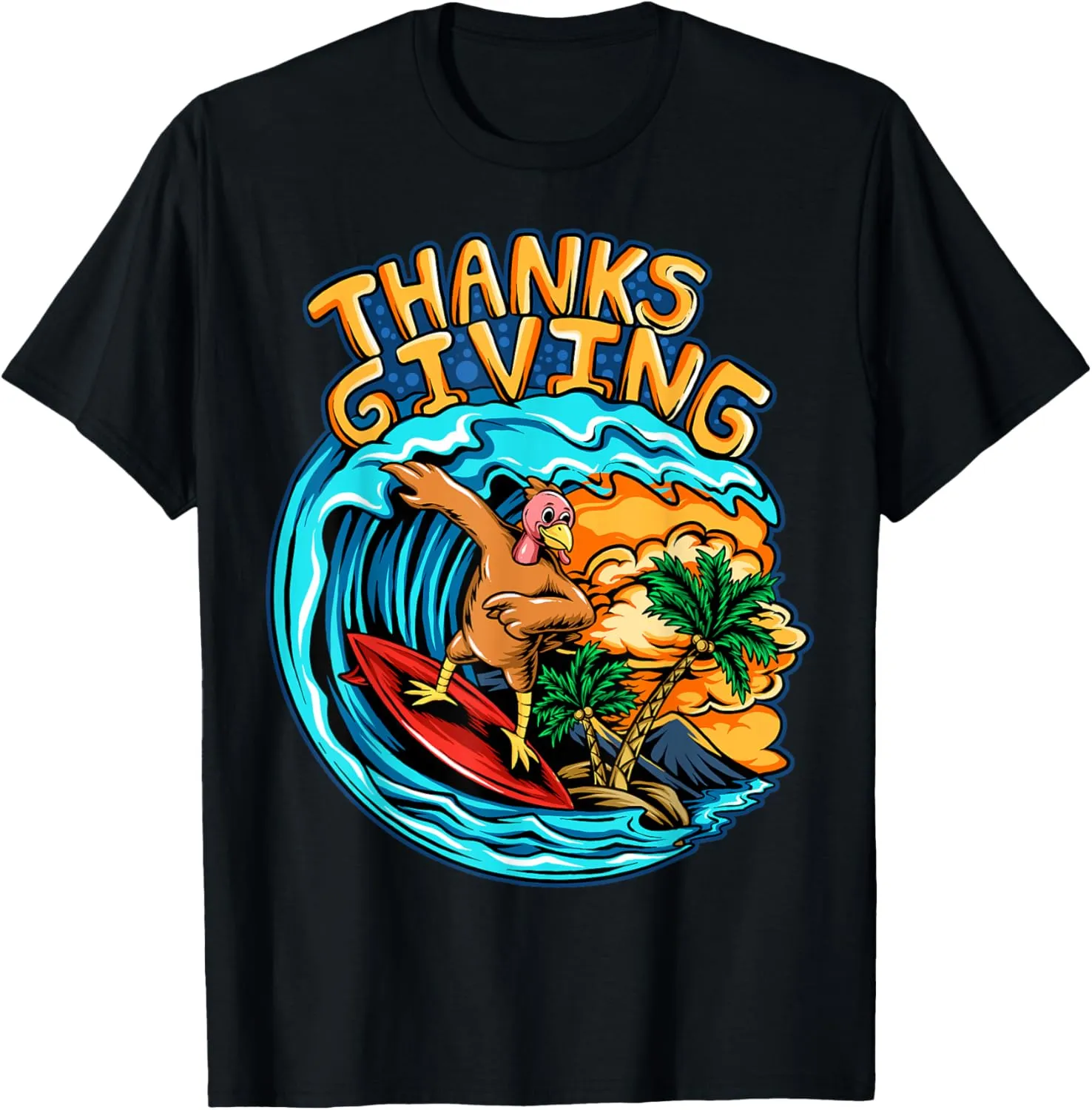 Thanksgiving Turkey Riding Surf Board Ocean Waves T-Shirt