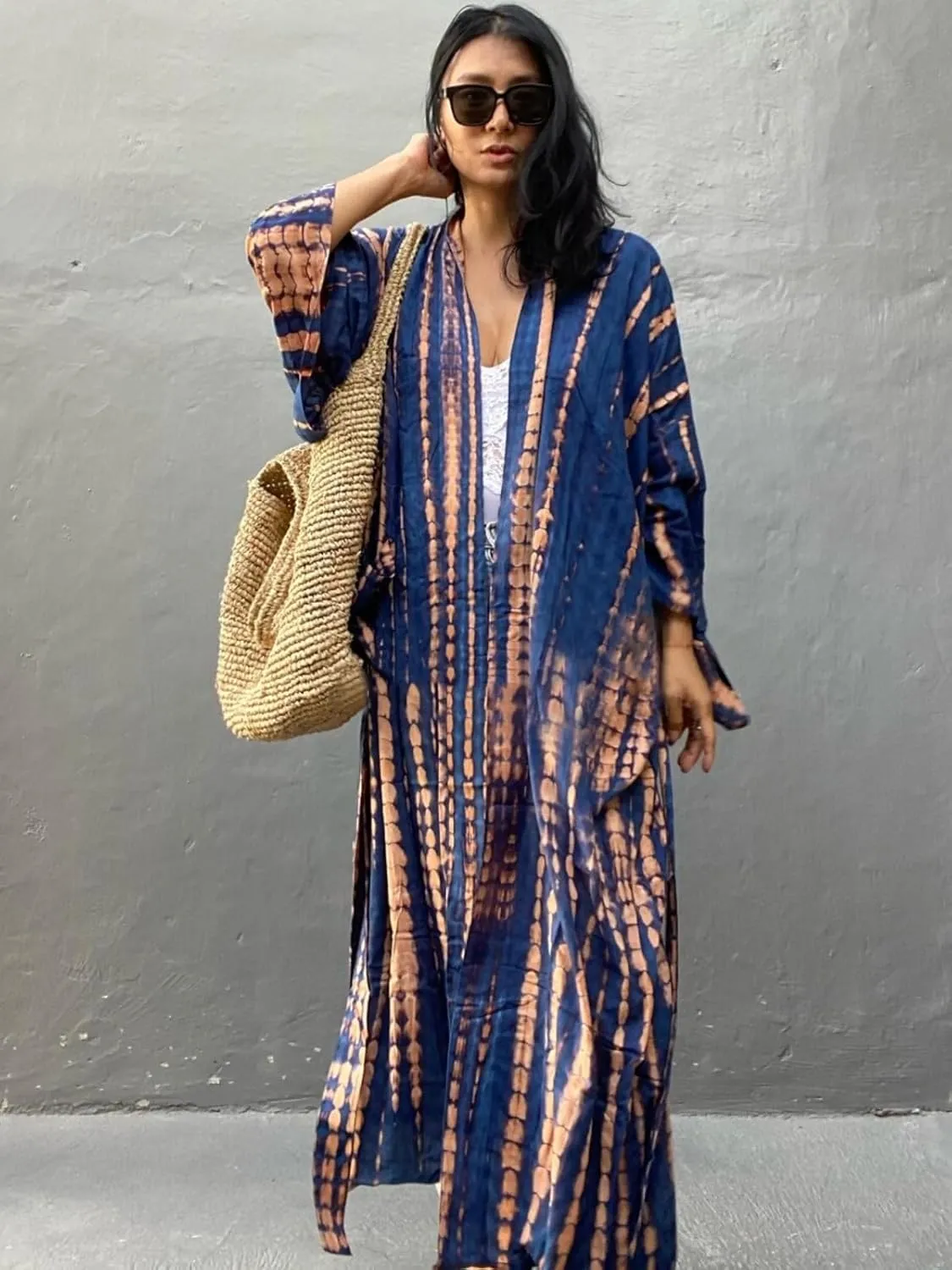 Tie Dye Open Front Long Beach Kimono Swimsuit Cover up for Women