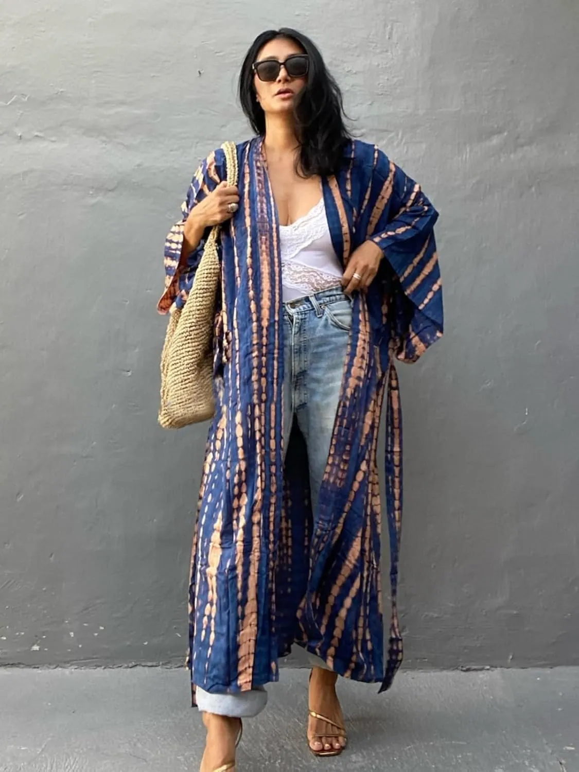 Tie Dye Open Front Long Beach Kimono Swimsuit Cover up for Women