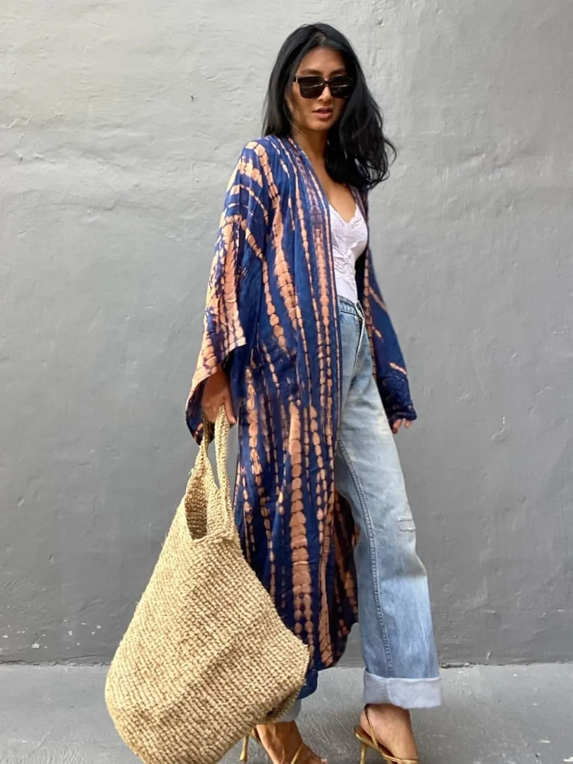 Tie Dye Open Front Long Beach Kimono Swimsuit Cover up for Women