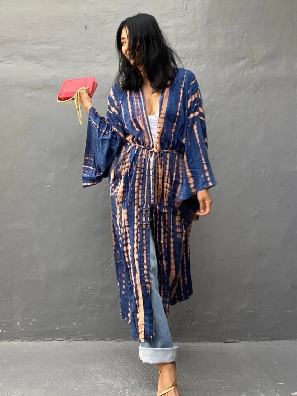 Tie Dye Open Front Long Beach Kimono Swimsuit Cover up for Women
