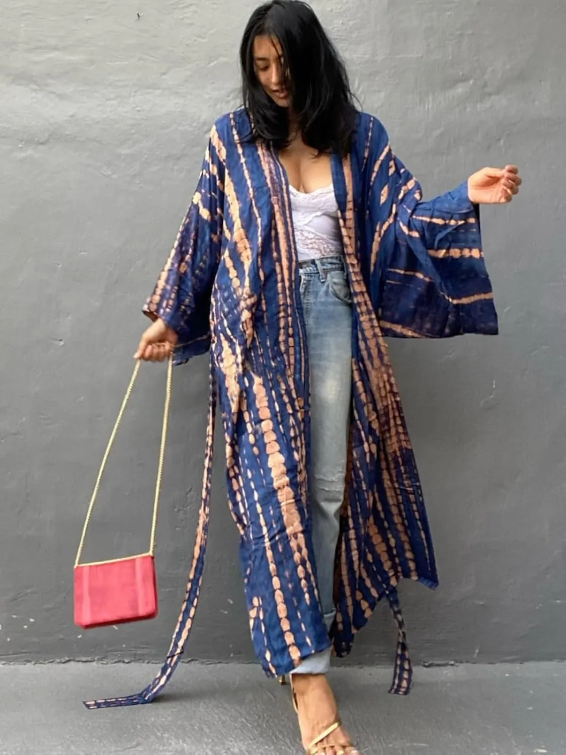 Tie Dye Open Front Long Beach Kimono Swimsuit Cover up for Women