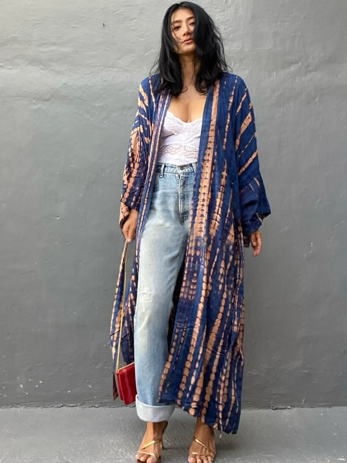 Tie Dye Open Front Long Beach Kimono Swimsuit Cover up for Women
