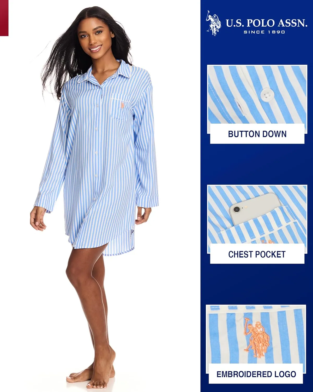 U.S. Polo Assn. Womens Sleep Shirts 2-Pack, Button Nightgowns for Women, Night Shirts Sleepwear
