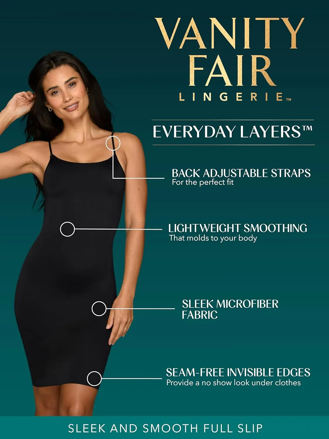 Vanity Fair Women's Shapewear Slip, Tummy Control Full Slip Cami Dress, Seamless Smoothing, Adjustable Spaghetti Strap