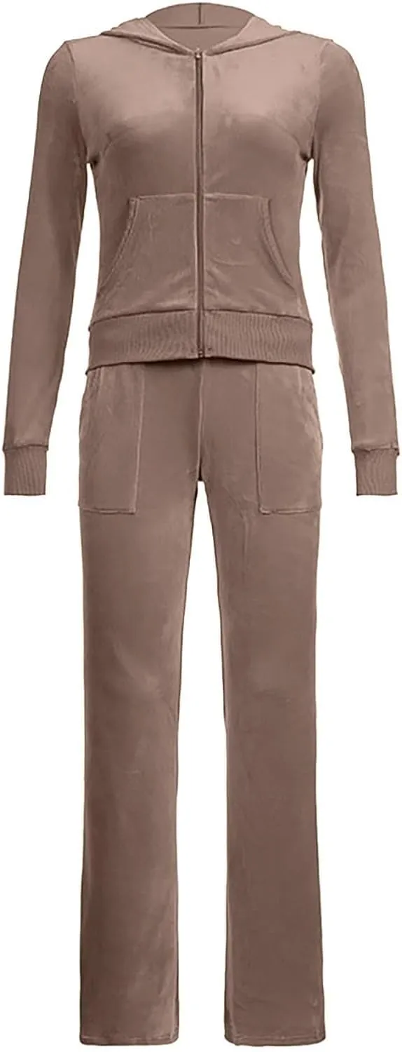Velour Sweat Suits for Women 2 Piece Outfits Tracksuits Long Sleeve Zip Up Hooded Jacket Wide Leg Pants Casual Y2k Suit