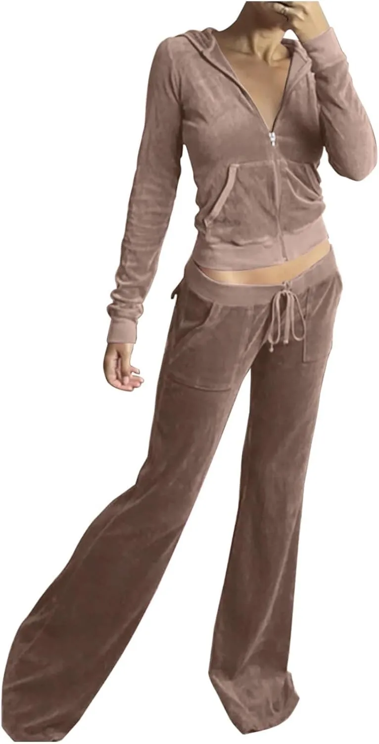 Velour Sweat Suits for Women 2 Piece Outfits Tracksuits Long Sleeve Zip Up Hooded Jacket Wide Leg Pants Casual Y2k Suit