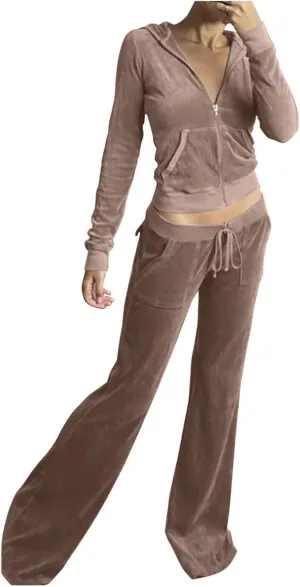 Velour Sweat Suits for Women 2 Piece Outfits Tracksuits Long Sleeve Zip Up Hooded Jacket Wide Leg Pants Casual Y2k Suit