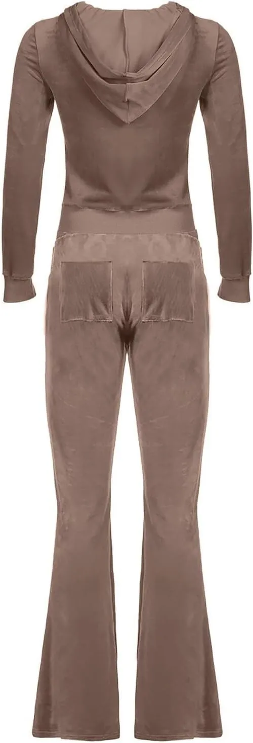 Velour Sweat Suits for Women 2 Piece Outfits Tracksuits Long Sleeve Zip Up Hooded Jacket Wide Leg Pants Casual Y2k Suit