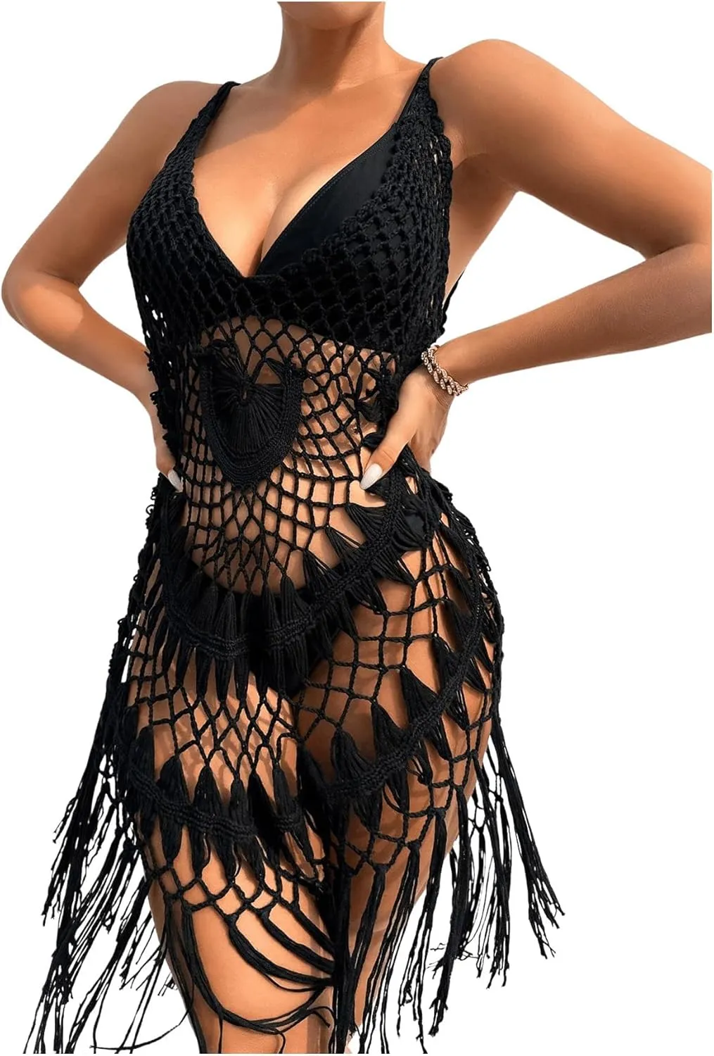 Verdusa Women's Fringe Hem Crochet Sheer Bikini Swimsuit Cover Up Dress