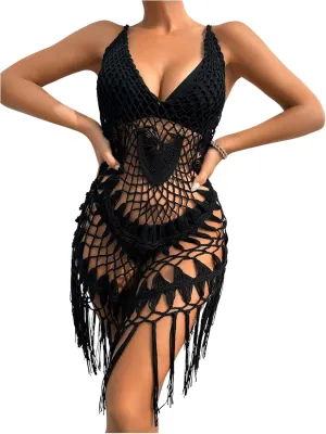 Verdusa Women's Fringe Hem Crochet Sheer Bikini Swimsuit Cover Up Dress
