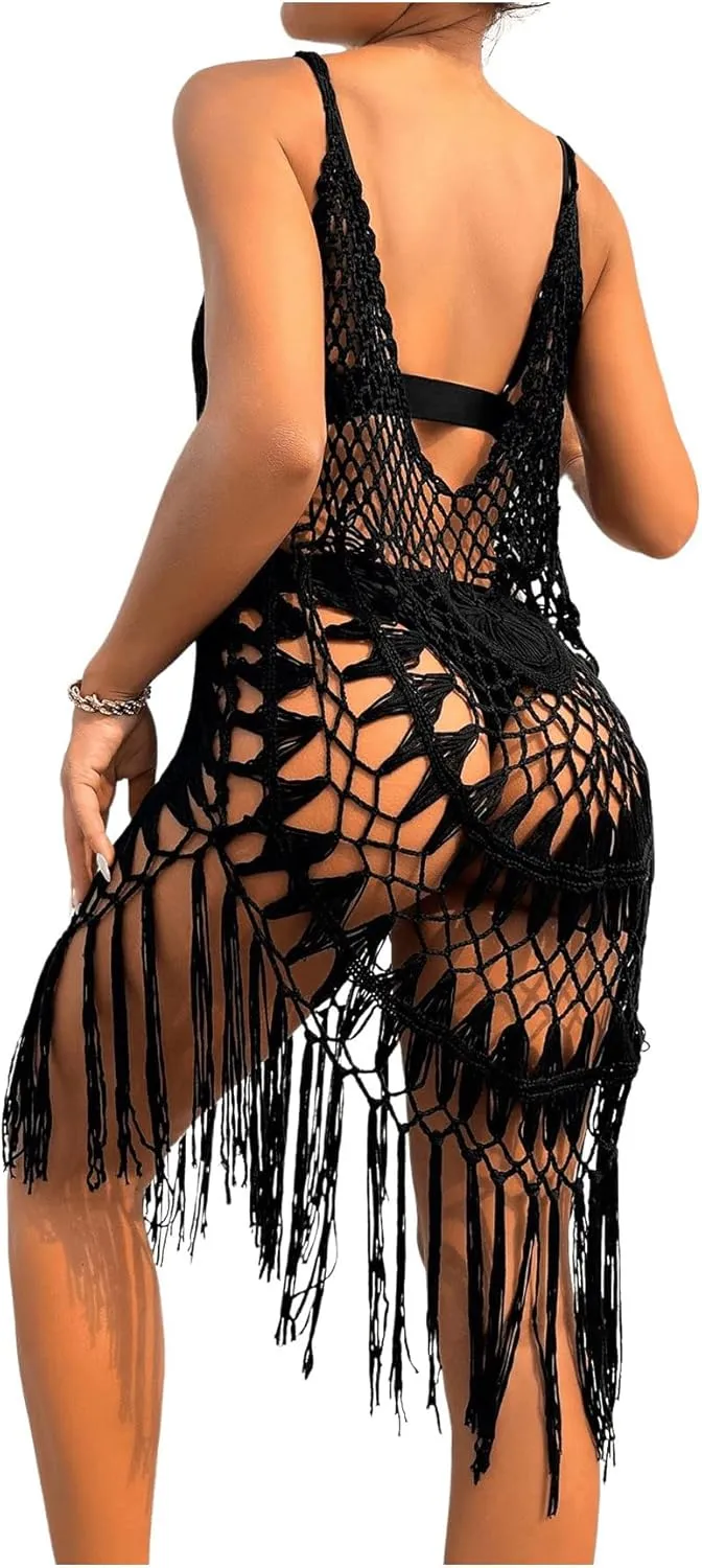 Verdusa Women's Fringe Hem Crochet Sheer Bikini Swimsuit Cover Up Dress