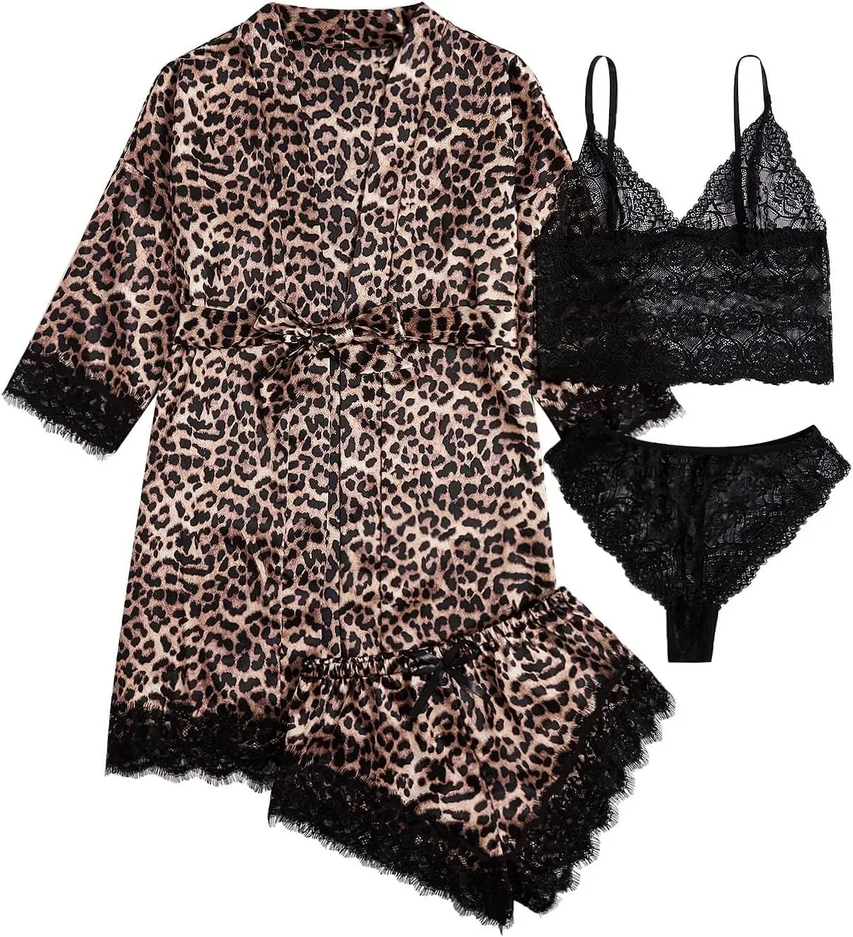 WDIRARA Women' Silk Satin Pajamas Set 4pcs Lingerie Floral Lace Cami Sleepwear with Robe