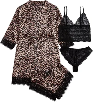 WDIRARA Women' Silk Satin Pajamas Set 4pcs Lingerie Floral Lace Cami Sleepwear with Robe