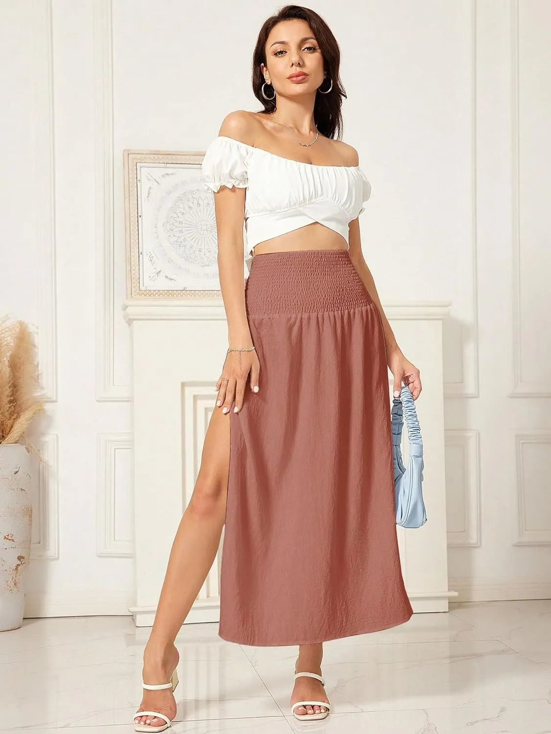 WDIRARA Women's High Slit Sarong Smocked High Waisted Swimsuit Coverup Maxi Skirt