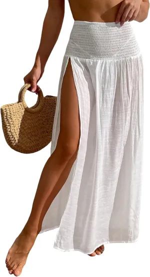 WDIRARA Women's High Slit Sarong Smocked High Waisted Swimsuit Coverup Maxi Skirt