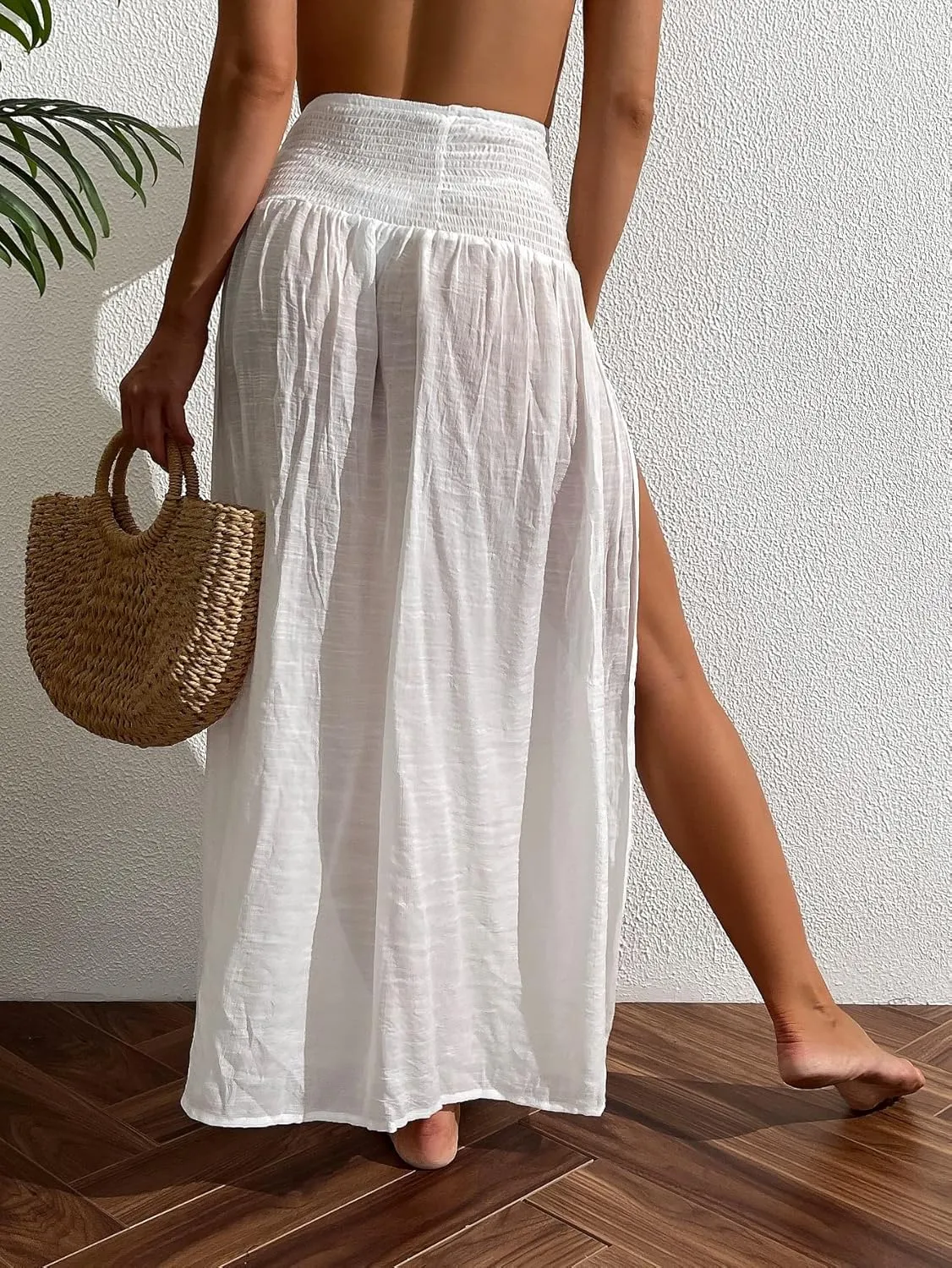 WDIRARA Women's High Slit Sarong Smocked High Waisted Swimsuit Coverup Maxi Skirt