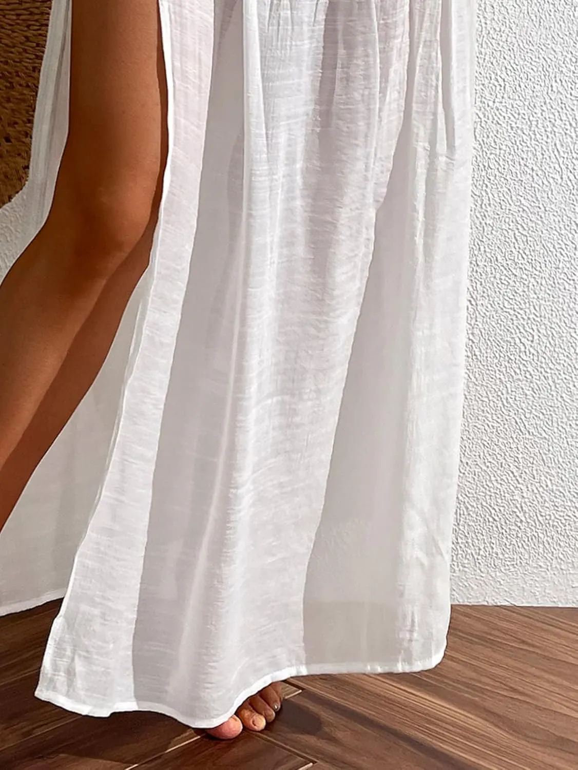 WDIRARA Women's High Slit Sarong Smocked High Waisted Swimsuit Coverup Maxi Skirt