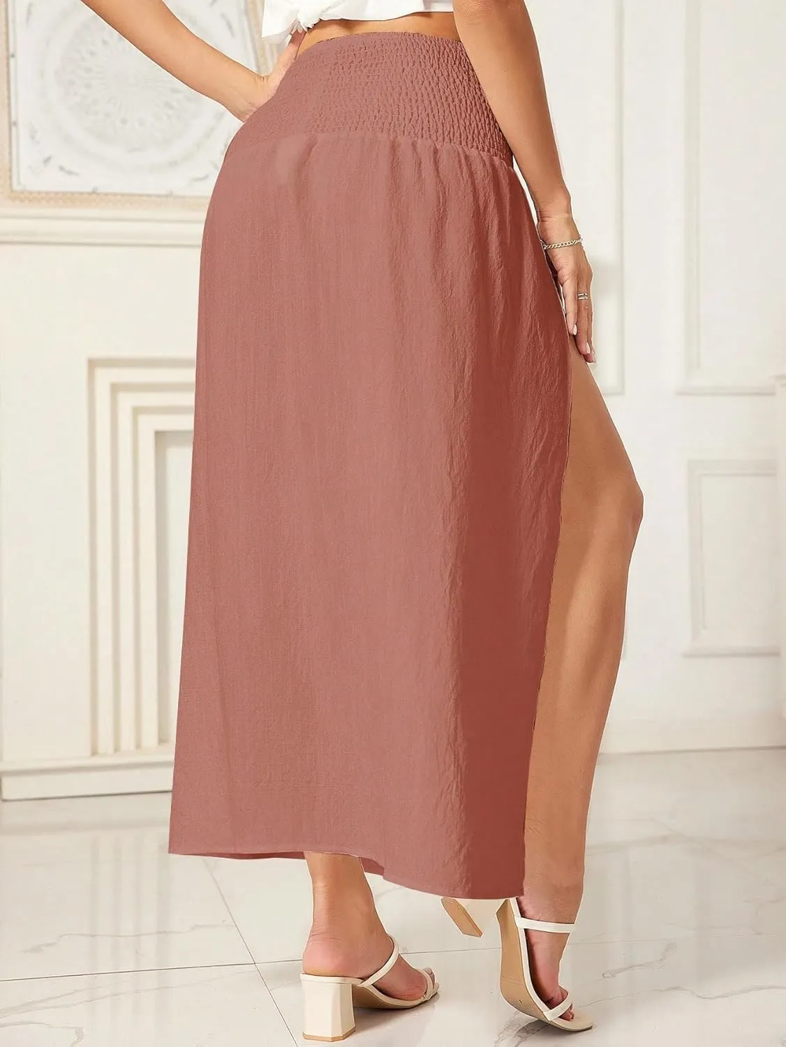 WDIRARA Women's High Slit Sarong Smocked High Waisted Swimsuit Coverup Maxi Skirt
